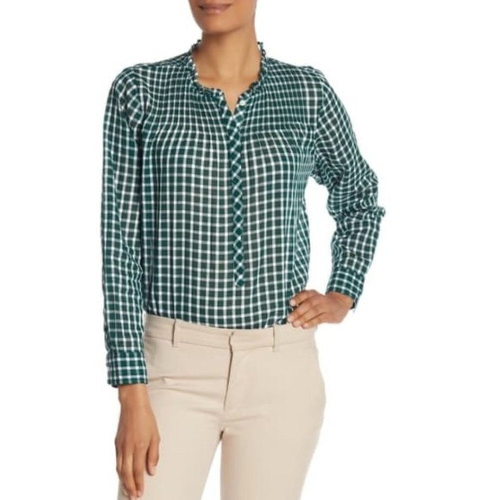 J. Crew Gingham Pleated Ruffle Trim Blouse